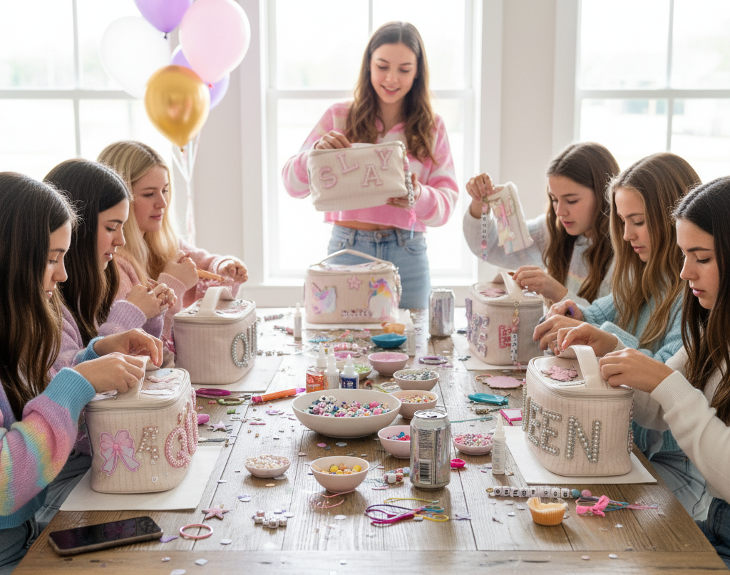 Group of women at a table making personalized items with balloons in the background